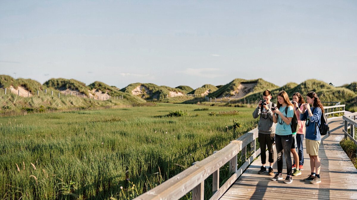 Un prat salat verd i baix vorejat per dunes cobertes de gramínies, amb un cel alt de matí i un grup de nois i noies amb binoculars en primer terme, enquadrat horitzontalment des d'un camí de fusta.
